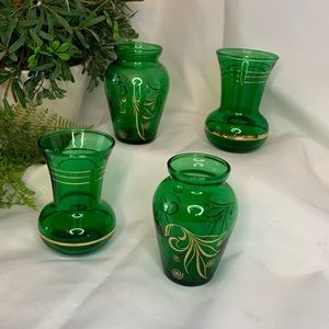 Set of 4 vintage MCM Anchor Hocking Emerald Green Bud Vases with gold leaf trim
